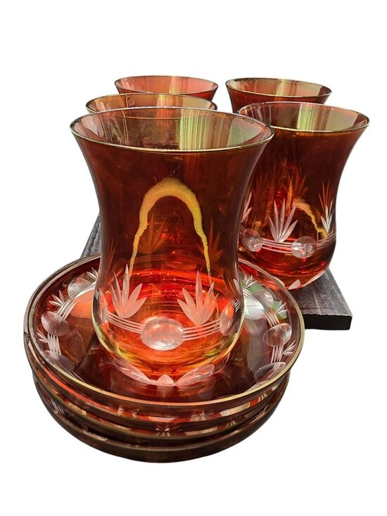 Vintage Amber Red Gold Etched Glass Turkish Tea Set With Saucers Set of 4+ HS248 - Picture 4 of 9